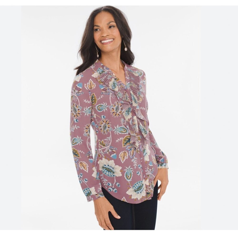 Chico's Jacobean Bouquet Pleated Ruffle Shirt Size Large (12/14)